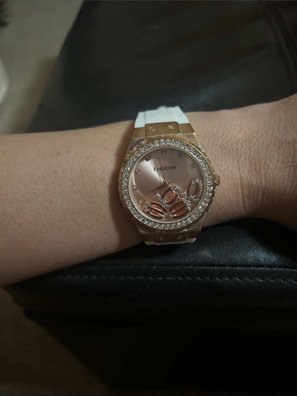 bebe Rose Gold Watch with White Strap and Crystal Bezel
